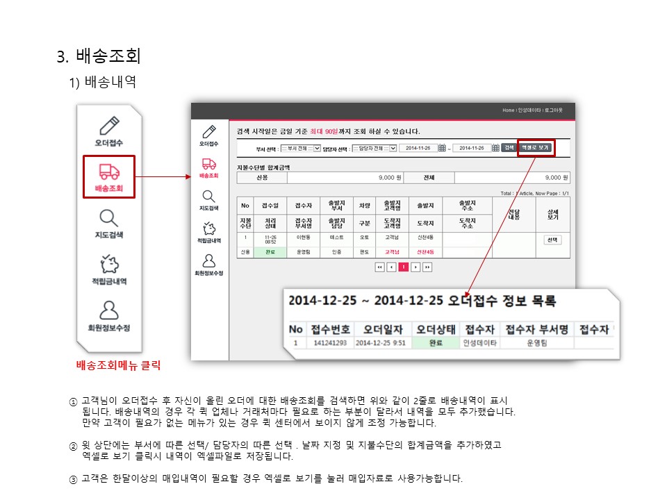 화물접수방법 이미지 입니다. 6.배송조회 1)배송내역